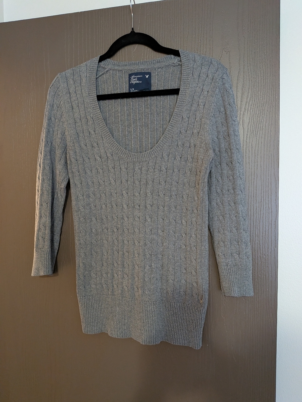 100% Cotton American Eagle Outfitters Gray Cable Scoop-Neck Sweater